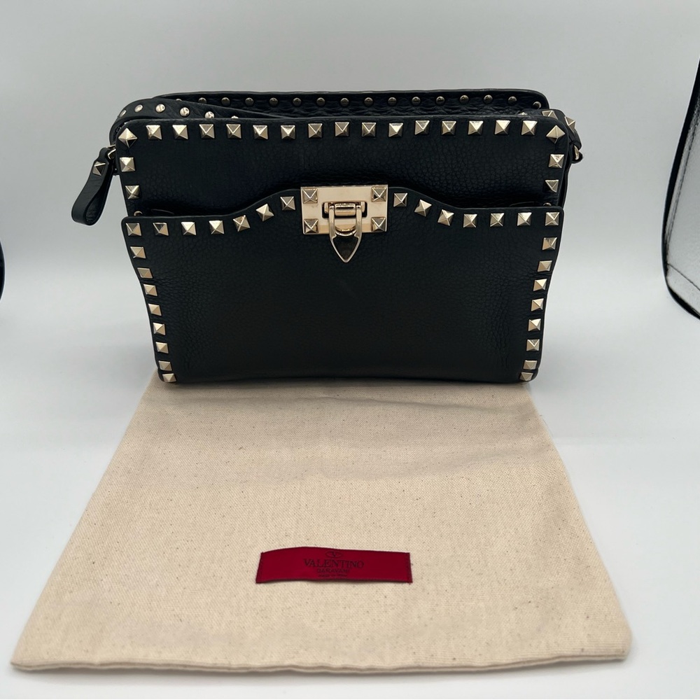 Valentino Black Rockstud Flip Lock Pocket Crossbody Bag